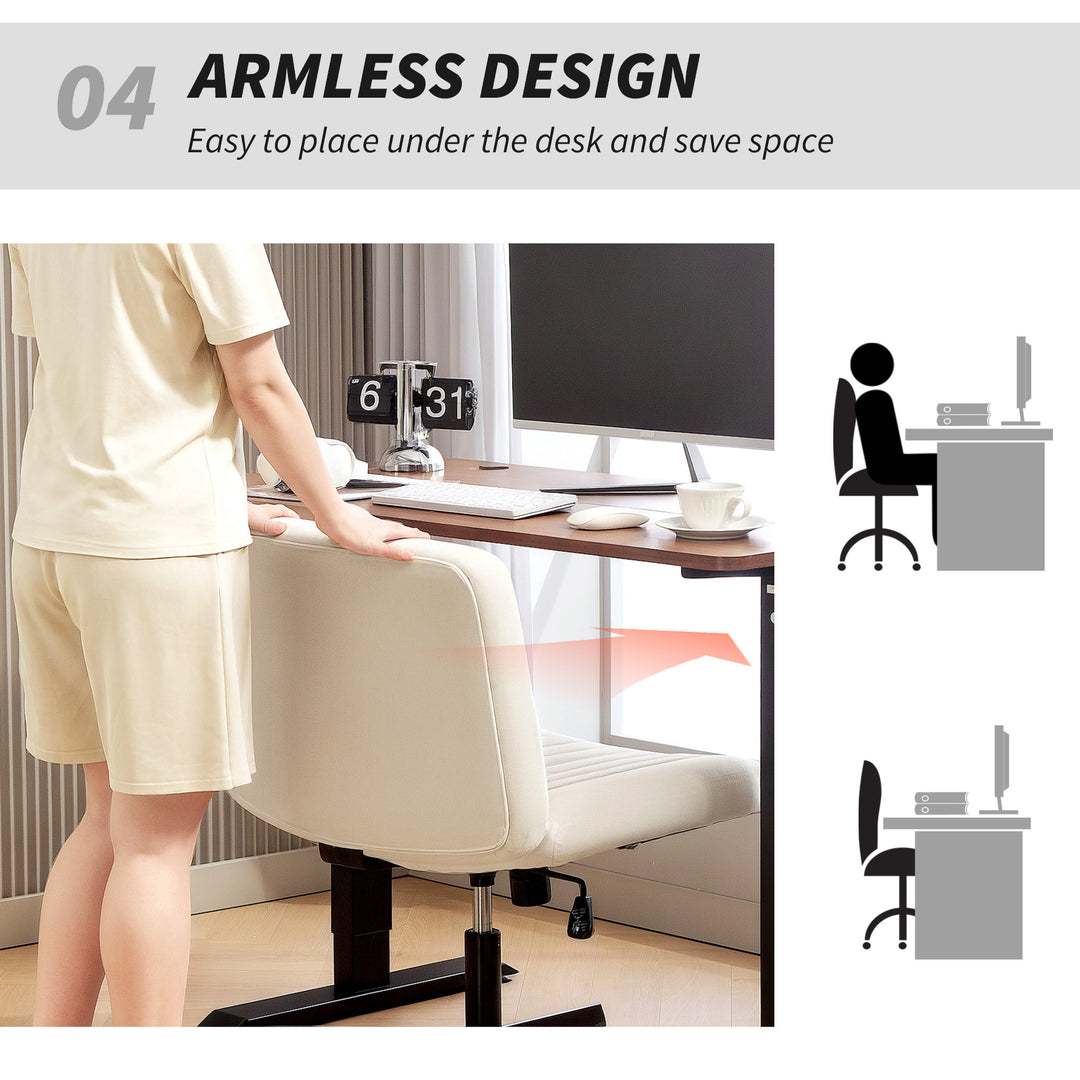 Armless Office Chair No Wheels, Linen Fabric Criss Cross Legged Desk Chair with Wide Seat, Thick Padding, Tilt Function, Height Adjustable Swivel Computer Seat for Home, Cream
