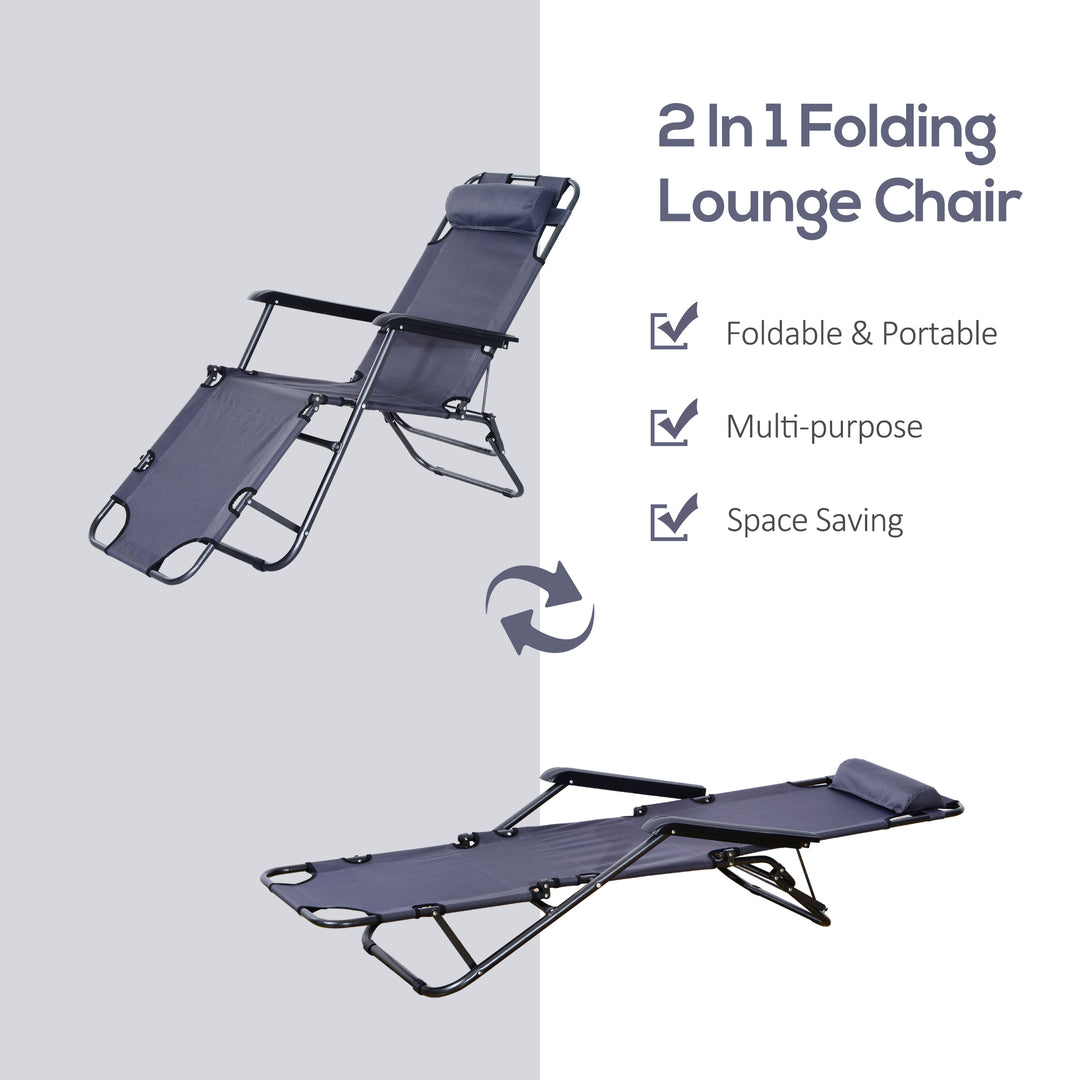 2 in 1 Folding Sun Lounger Reclining Garden Chair Set of 2 with 2-Level Adjustable Backrest, Outdoor Zero Gravity Recliner Garden Chairs with Head Pillow and Armrests, Grey