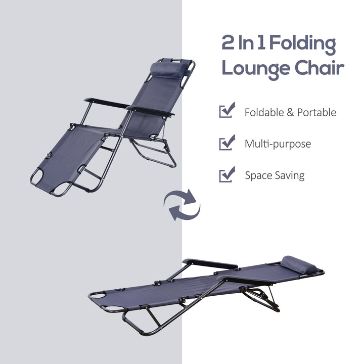 2 in 1 Folding Sun Lounger Reclining Garden Chair Set of 2 with 2-Level Adjustable Backrest, Outdoor Zero Gravity Recliner Garden Chairs with Head Pillow and Armrests, Grey
