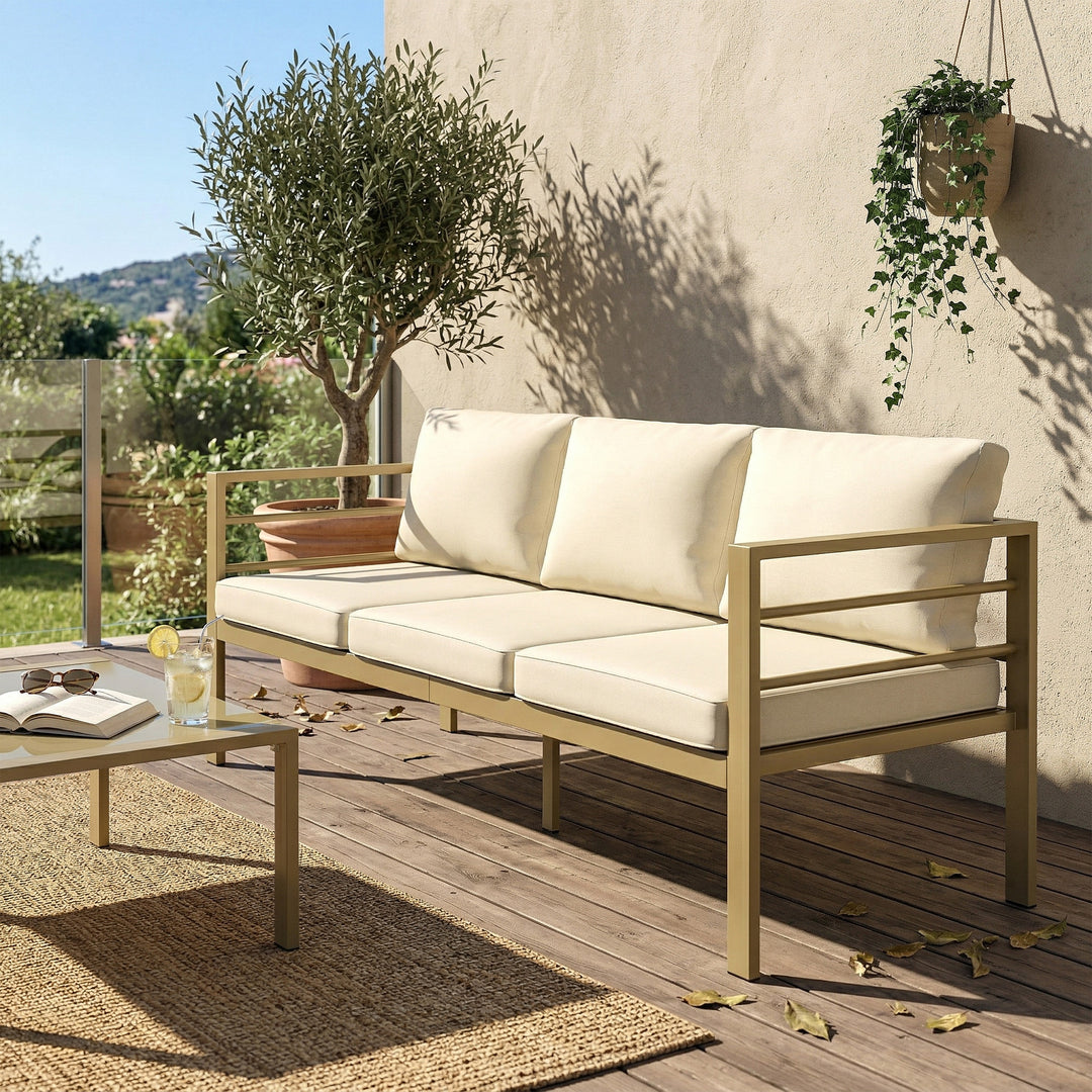 Garden Bench with Cushions, 3-Seater Sofa with Backrest, Armrest and B