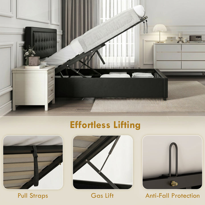 PU Leather King Size Ottoman Bed Frame, with Front Drawer - Black