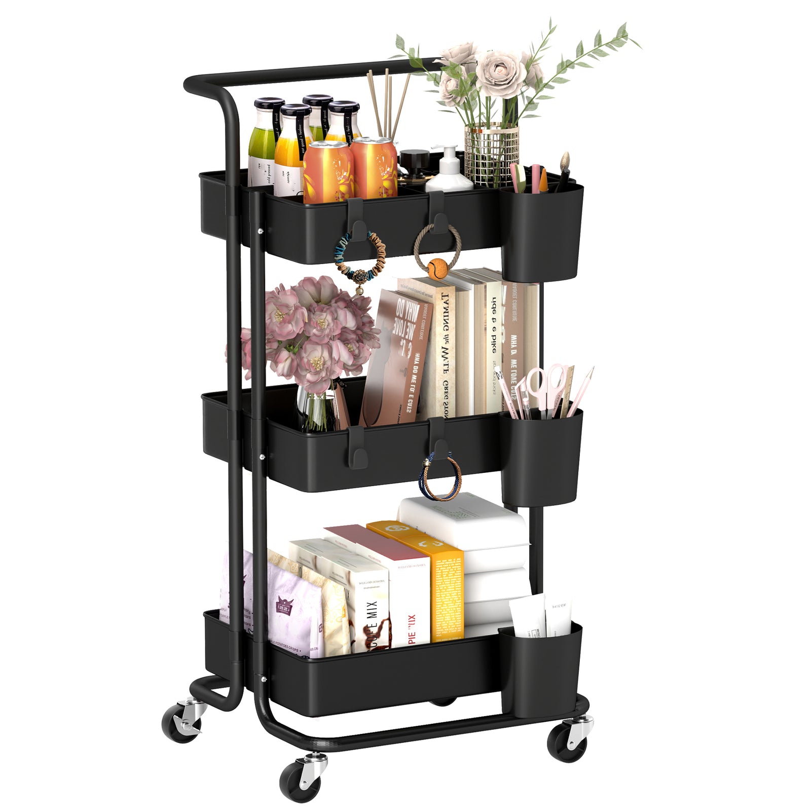 Three-Tier Home Trolley, with Handle and Wheels - Black