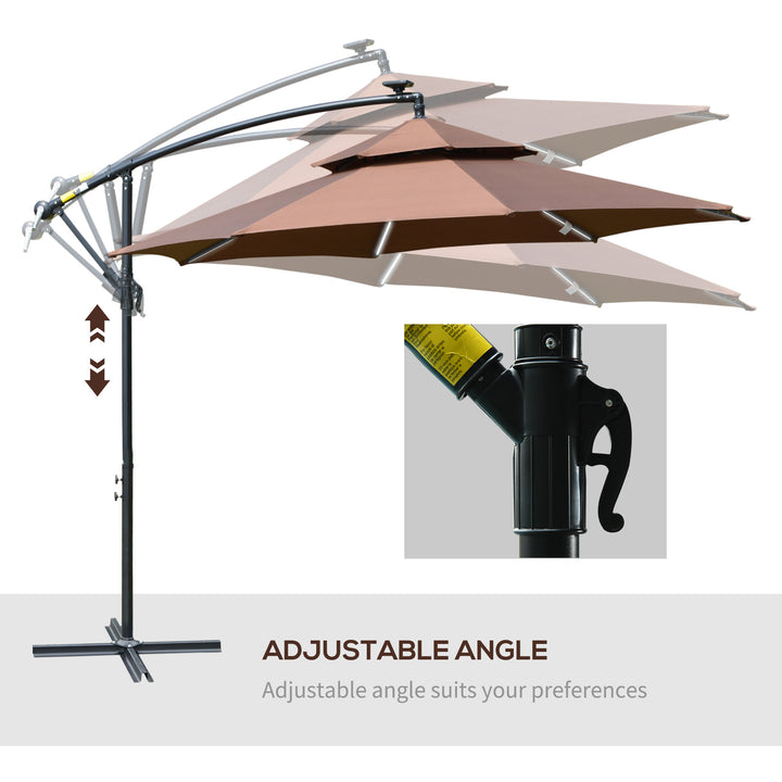 MCL 3(m) Cantilever Banana Parasol Hanging Umbrella with Double Roof, LED Solar lights, Crank, 8 Sturdy Ribs and Cross Base for Outdoor, Garden, Patio, Coffee