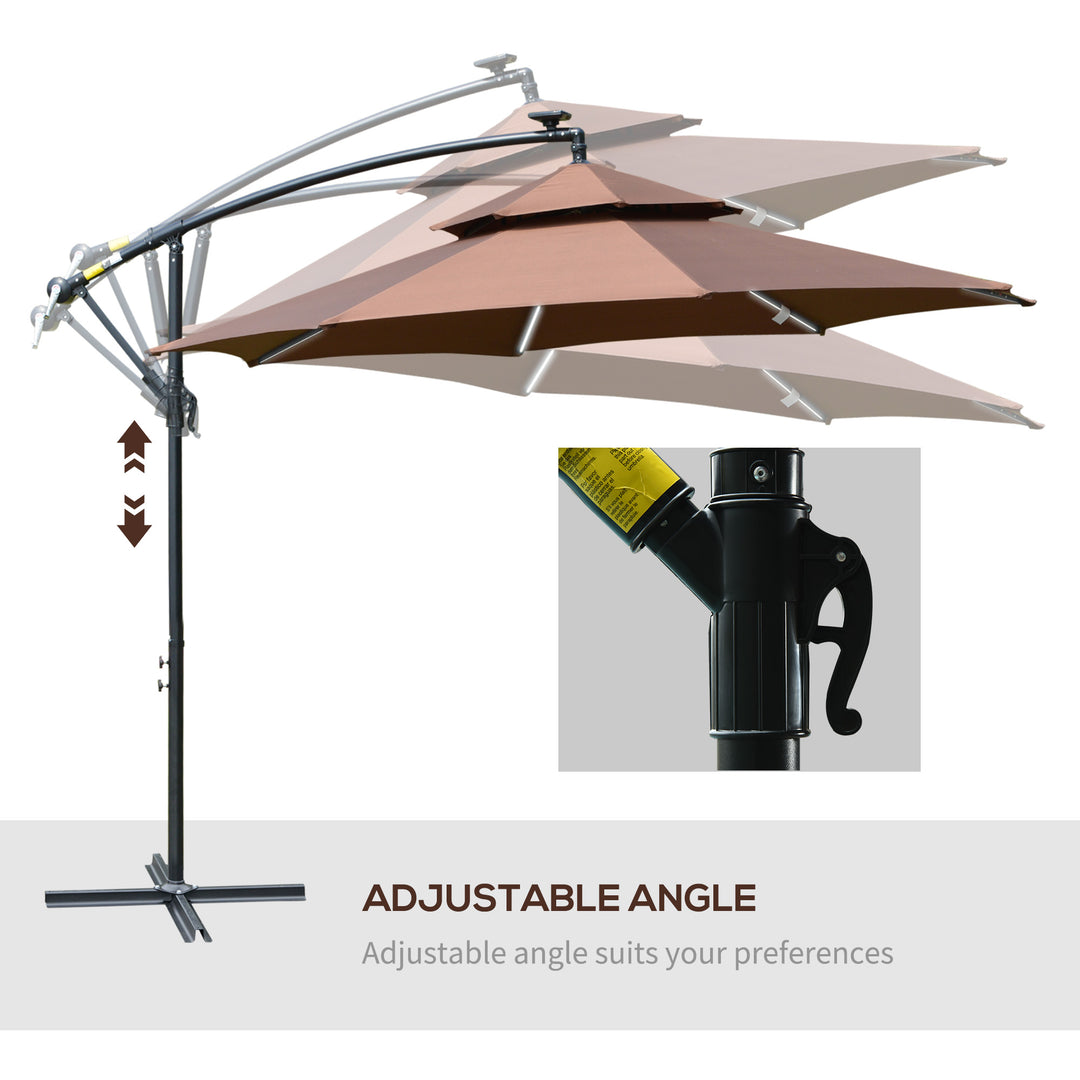 3(m) Cantilever Banana Parasol Hanging Umbrella with Double Roof, LED Solar lights, Crank, 8 Sturdy Ribs and Cross Base for Outdoor, Garden, Patio, Coffee