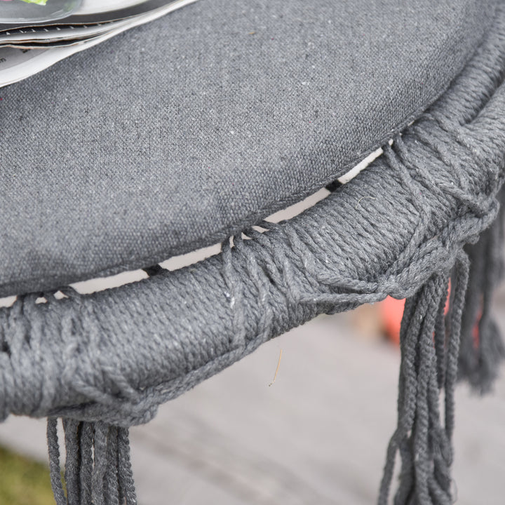 Outdoor Cotton-Polyester Blend Macrame Hanging Rope Chair with Cushion, Portable Garden Chair with Fringe Tassels for Patio, Deck, Tree, Grey