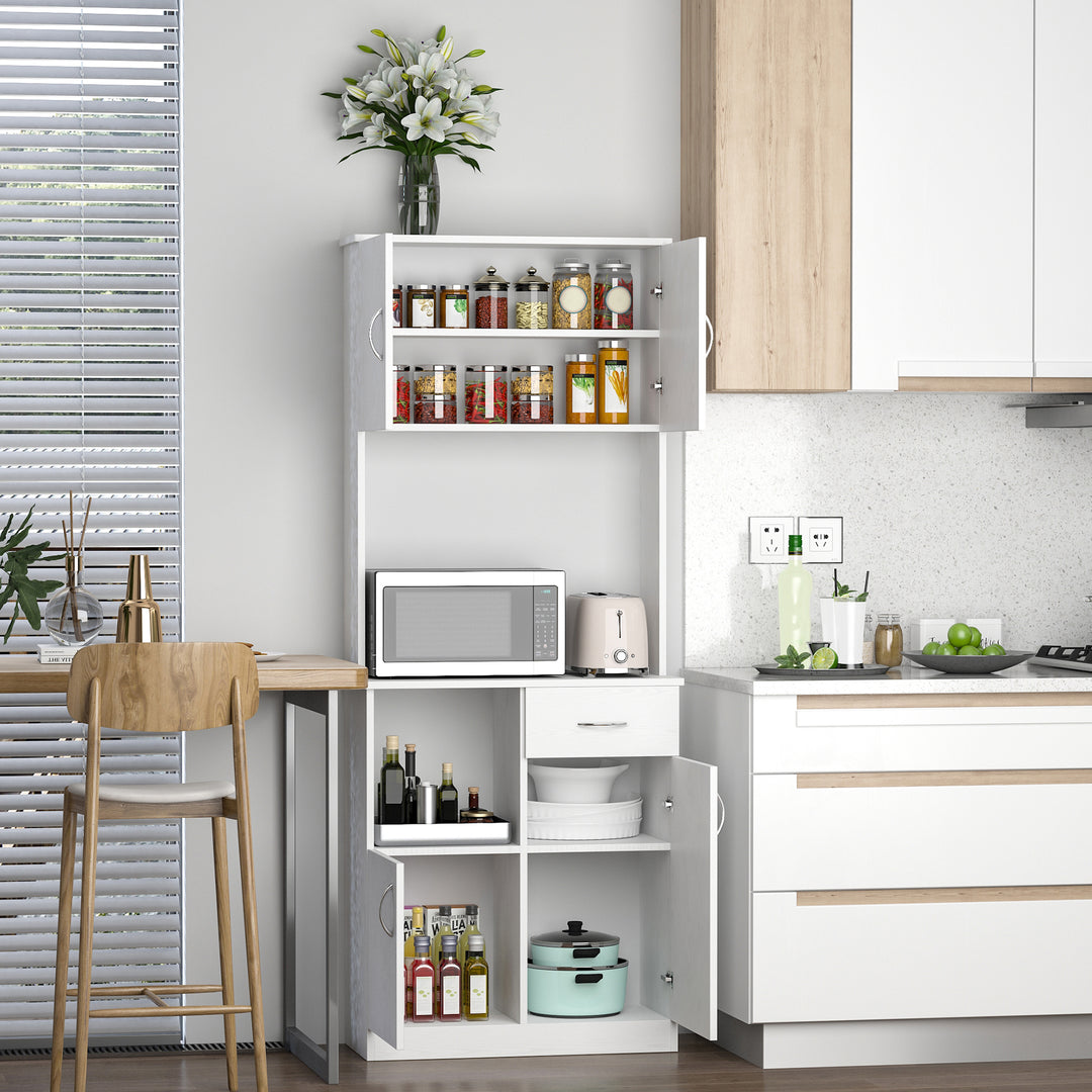 Tall Kitchen Cupboard, Kitchen Cabinet with Doors, Shelves, Drawer and Open Countertop, Storage Cabinet for Living Room, Dining Room, White