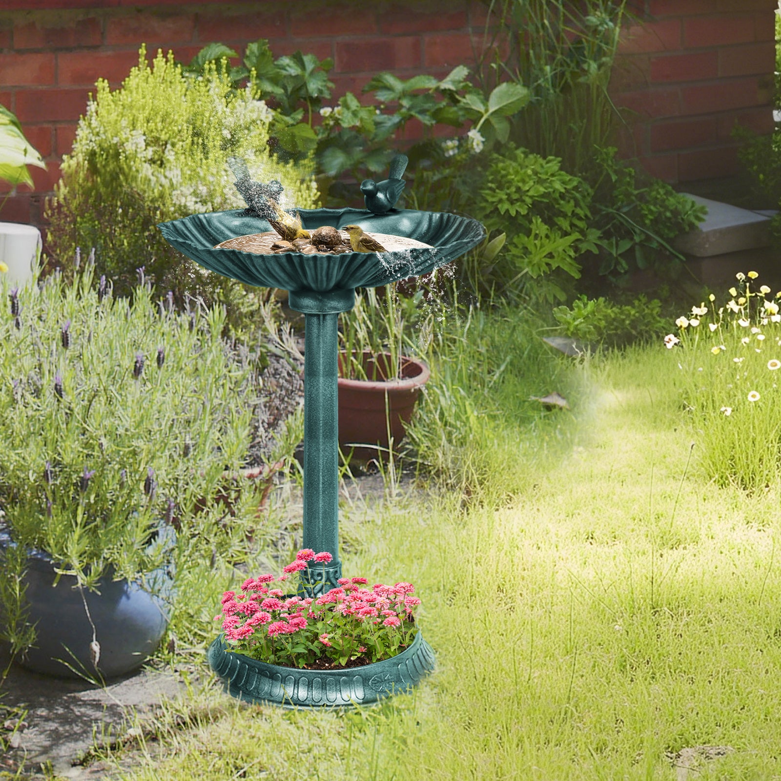 81cm Tall Bird Bath with 2 Decorative Birds, Vintage Style Birdbath with Flower Planter Base, Bird Bath Bowl for Garden, Green