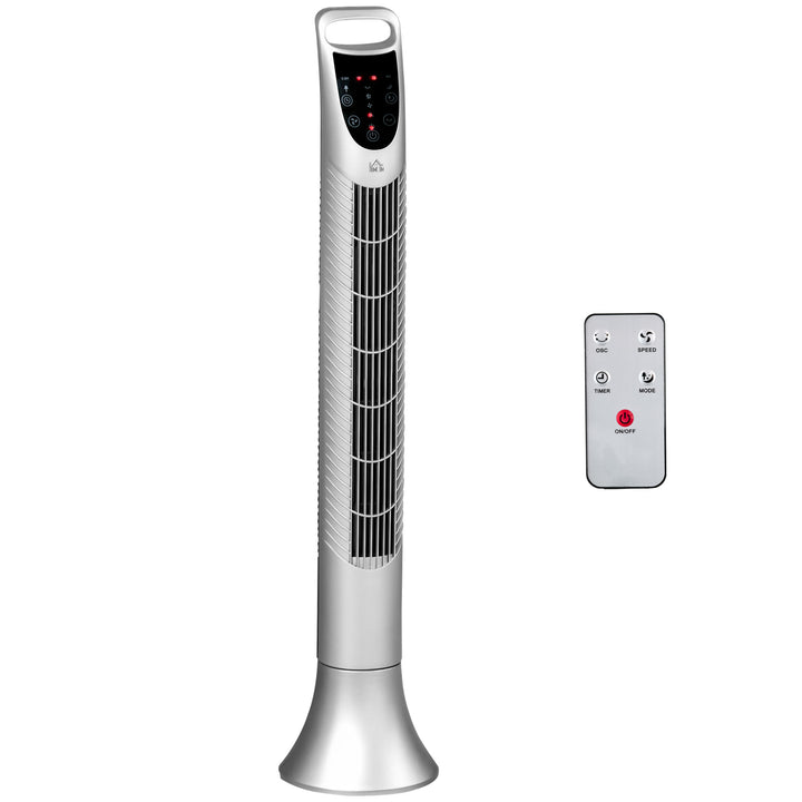 HOMCOM 36'' Freestanding Tower Fan, 3 Speed 3 Mode, 7.5h Timer, 70 Degree Oscillation, LED Panel, 5M Remote Controller, Silver | Aosom UK