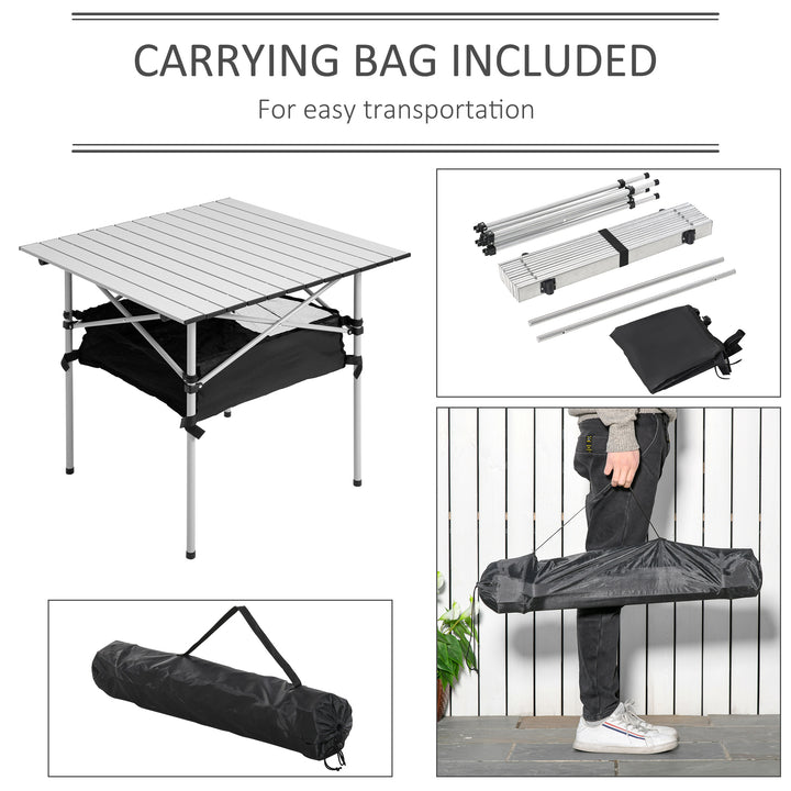 Outsunny Portable Camping Table with Mesh Bag, Outdoor Dining Foldable Table with Steel Frame, Lightweight Picnic Desk for Hiking, Silver/Black