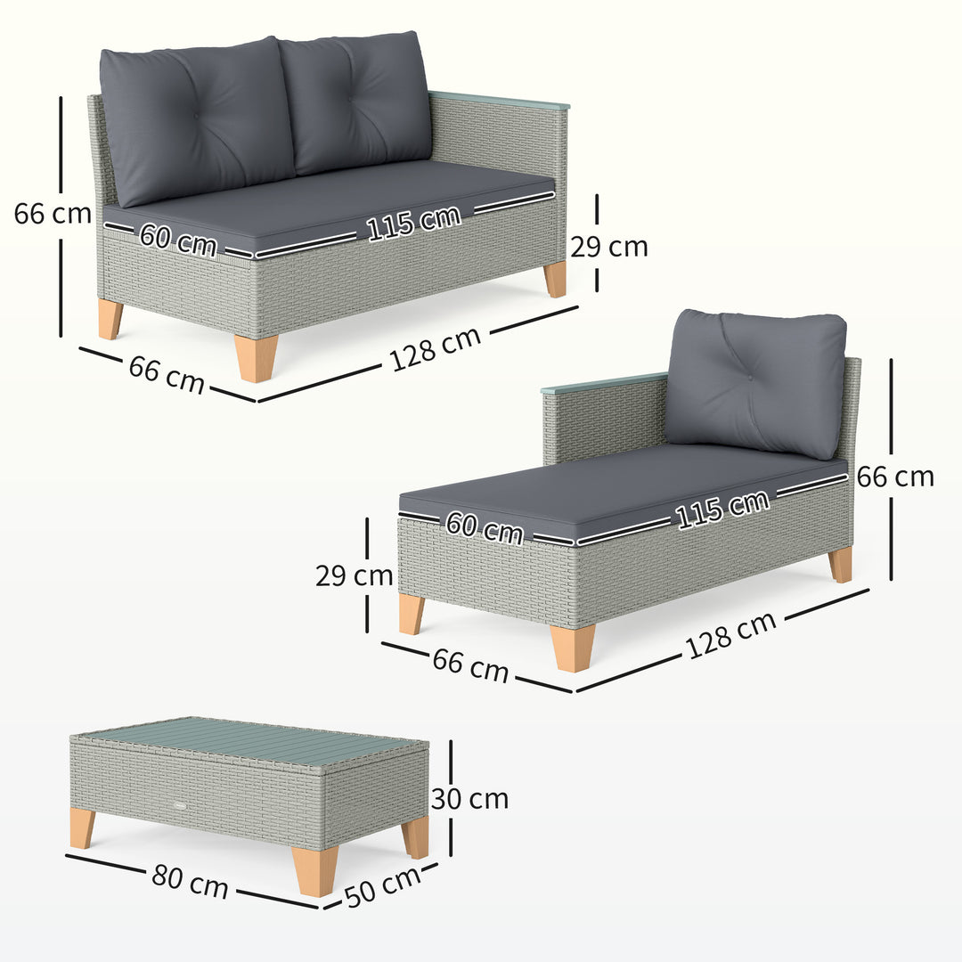 3 Pieces Rattan Garden Furniture Set, L Shaped Garden Conversation Chaise Lounge Furniture with Wood Top Coffee Table and Thick Cushions, Charcoal Grey