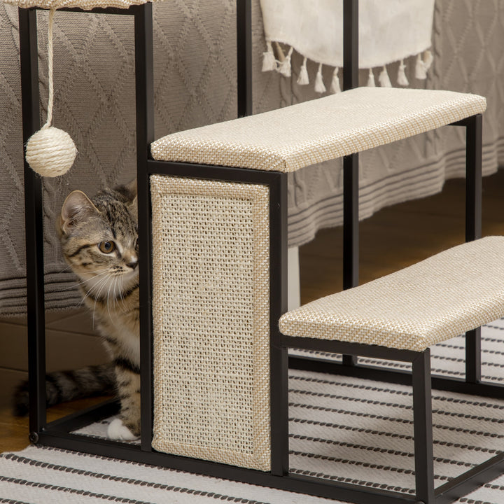 Three-Step Pet Stairs, with Sisal Scratching Board, Toy Hanging Ball, Steel Frame