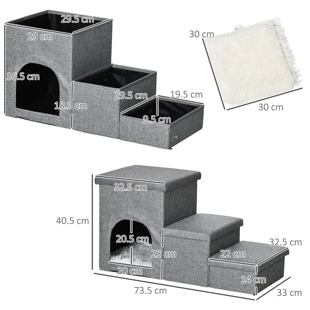 Dog Steps 3-step Pet Stairs with Kitten House and 2 Storage Boxes, 3 in 1 Dog Ramp for Sofa with Washable Plush Cushion
