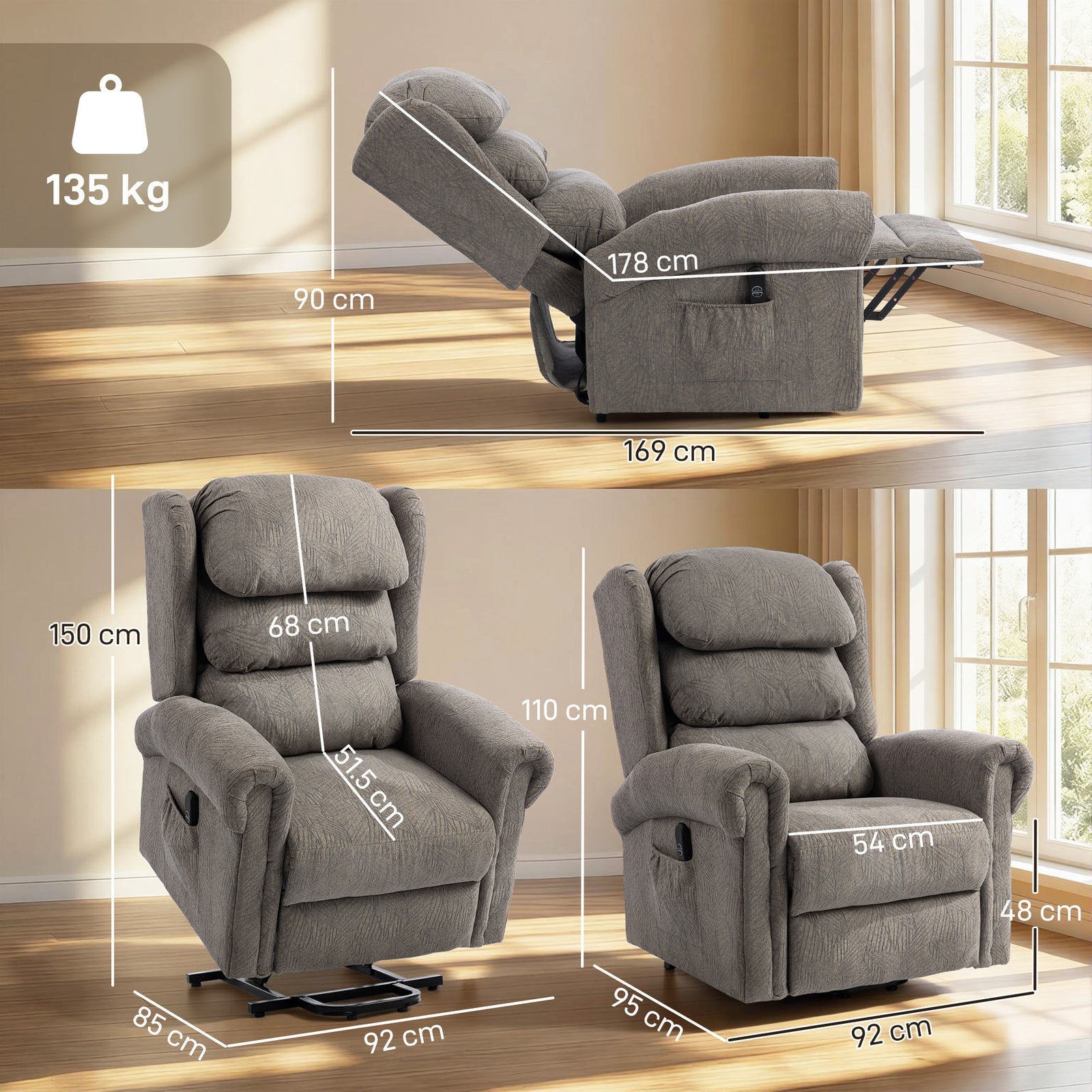 Velvet-Feel Electric Riser Recliner Chair, Power Lift Recliner Chair f