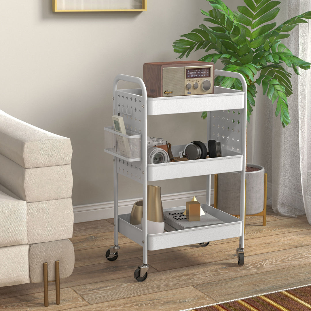 HOMCOM 3-tier Storage Trolley on Wheels, Rolling Utility Serving Cart w/ 3 Mesh Baskets, 2 Hanging Boxes & 6 Hooks for Living Room, White | Aosom UK