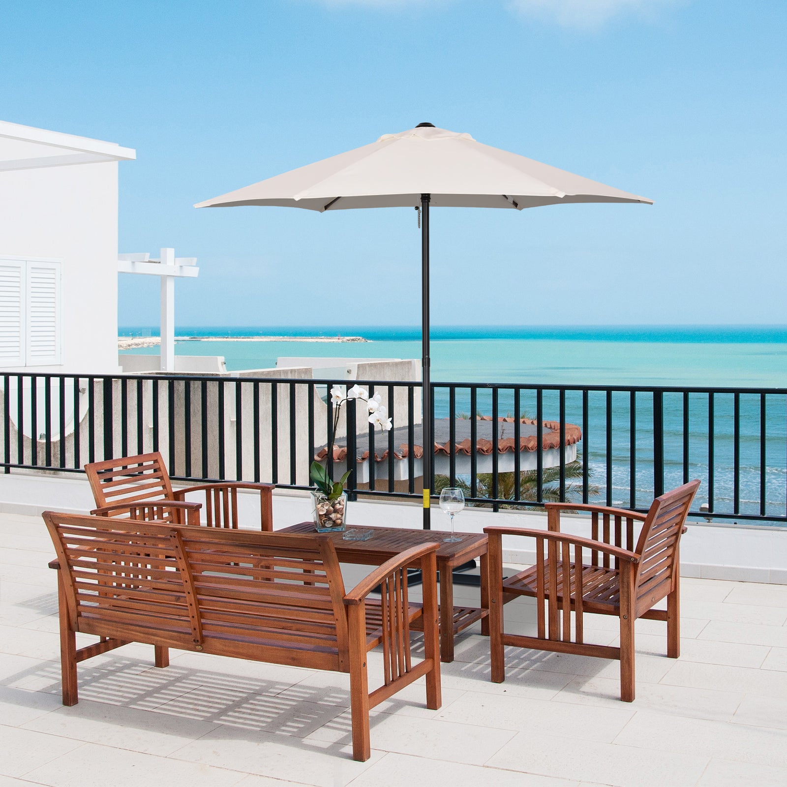 2m Garden Parasol Umbrella, Outdoor Sun Shade with 6 Sturdy Ribs for Balcony, Bench, Garden, Cream White