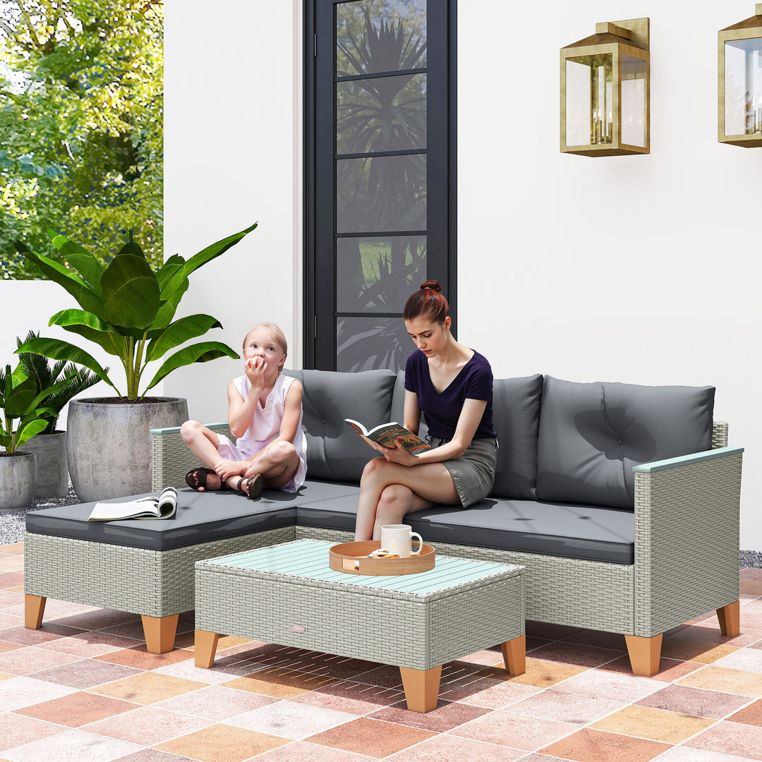 3 Pieces Rattan Garden Furniture Set, L Shaped Garden Conversation Chaise Lounge Furniture with Wood Top Coffee Table and Thick Cushions, Charcoal Grey