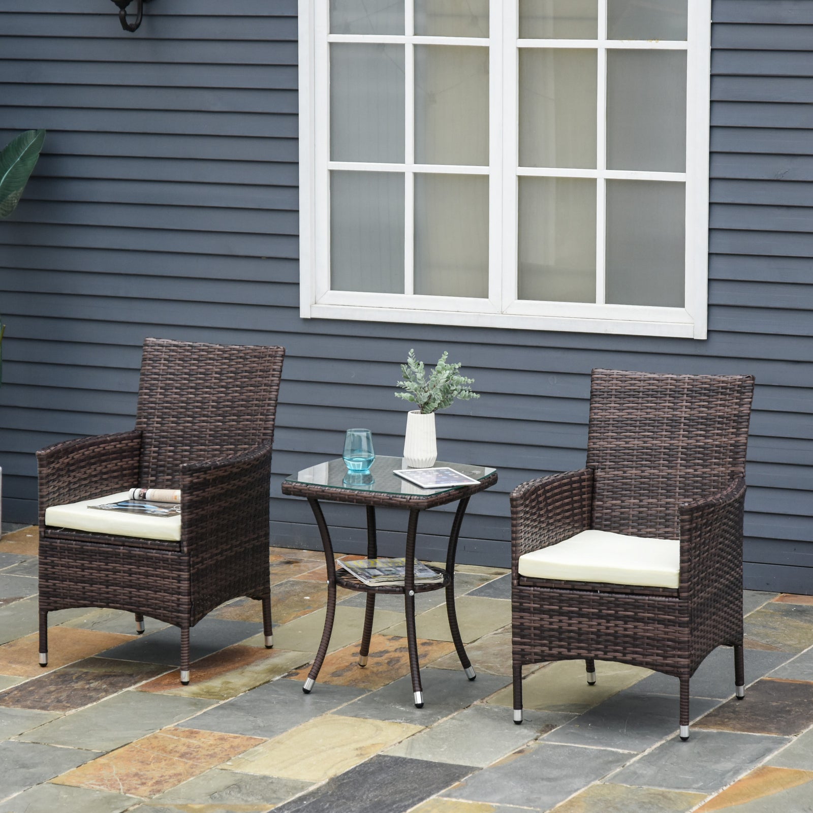 Three-Piece Rattan Chair Set, with Cushions - Brown