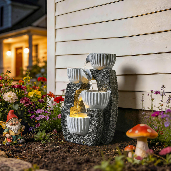 4-Tier Bowl Water Feature, Indoor Outdoor Garden Water Fountain with P