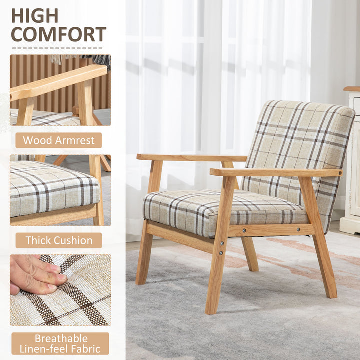 Modern One Seater Sofa for Living Room, Linen Fabric Small Couch with Rubber Wood Frame, Armrests, Lattice Pattern, Upholstered Armchair, Beige