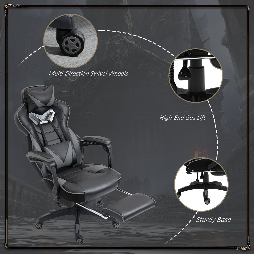 Computer Gaming Chair, Racing Desk Chair with Lumbar Support and Footrest, PU Leather Gamer Chair with Headrest and Swivel Wheels for Home, Grey