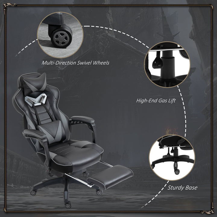 Computer Gaming Chair, Racing Desk Chair with Lumbar Support and Footrest, PU Leather Gamer Chair with Headrest and Swivel Wheels for Home, Grey