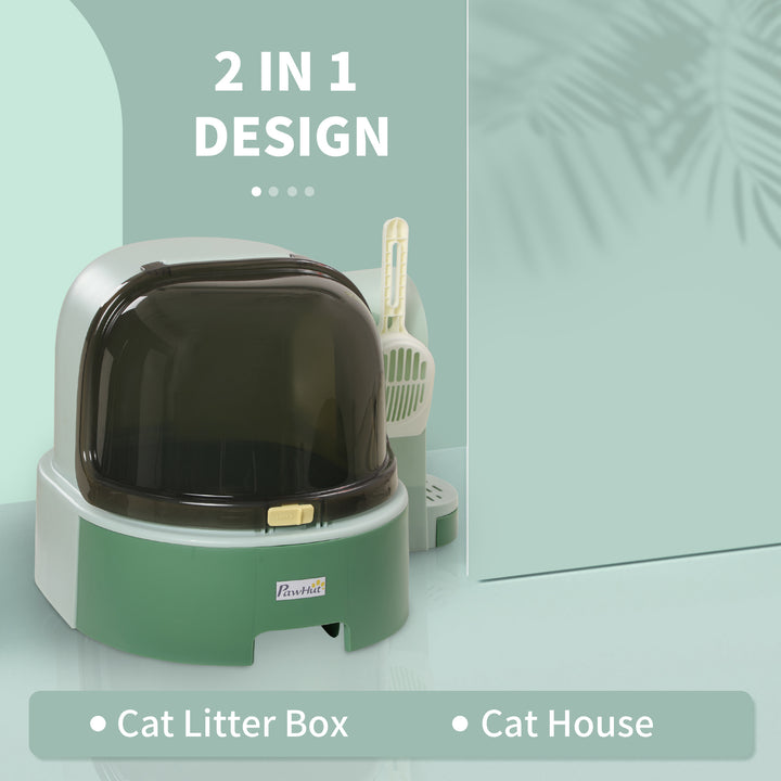 2 in 1 Cat Litter Box, with Drawer Pans, Scoop, Openable Cover - Green
