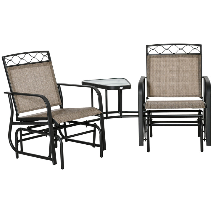 Double Outdoor Glider Chair, 2 Seater Patio Rocking Chairs, Swing Bench with Tempered Glass Table, Breathable Mesh Fabric for Backyard, Garden, Porch, Brown