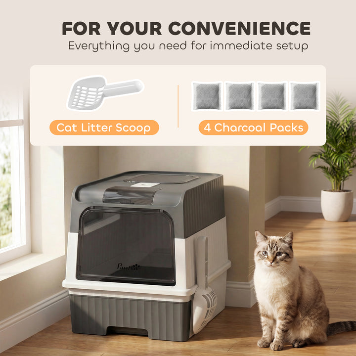 Enclosed Cat Litter Box with Lid, Pull-Out Drawer Tray, Scoop, 4 Deodo