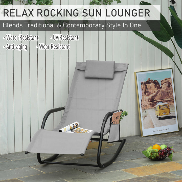 Outdoor Garden Rocking Chair, Patio Sun Lounger Rocker Chair with Breathable Mesh Fabric, Removable Headrest Pillow, Armrest, Side Storage Bag, Grey