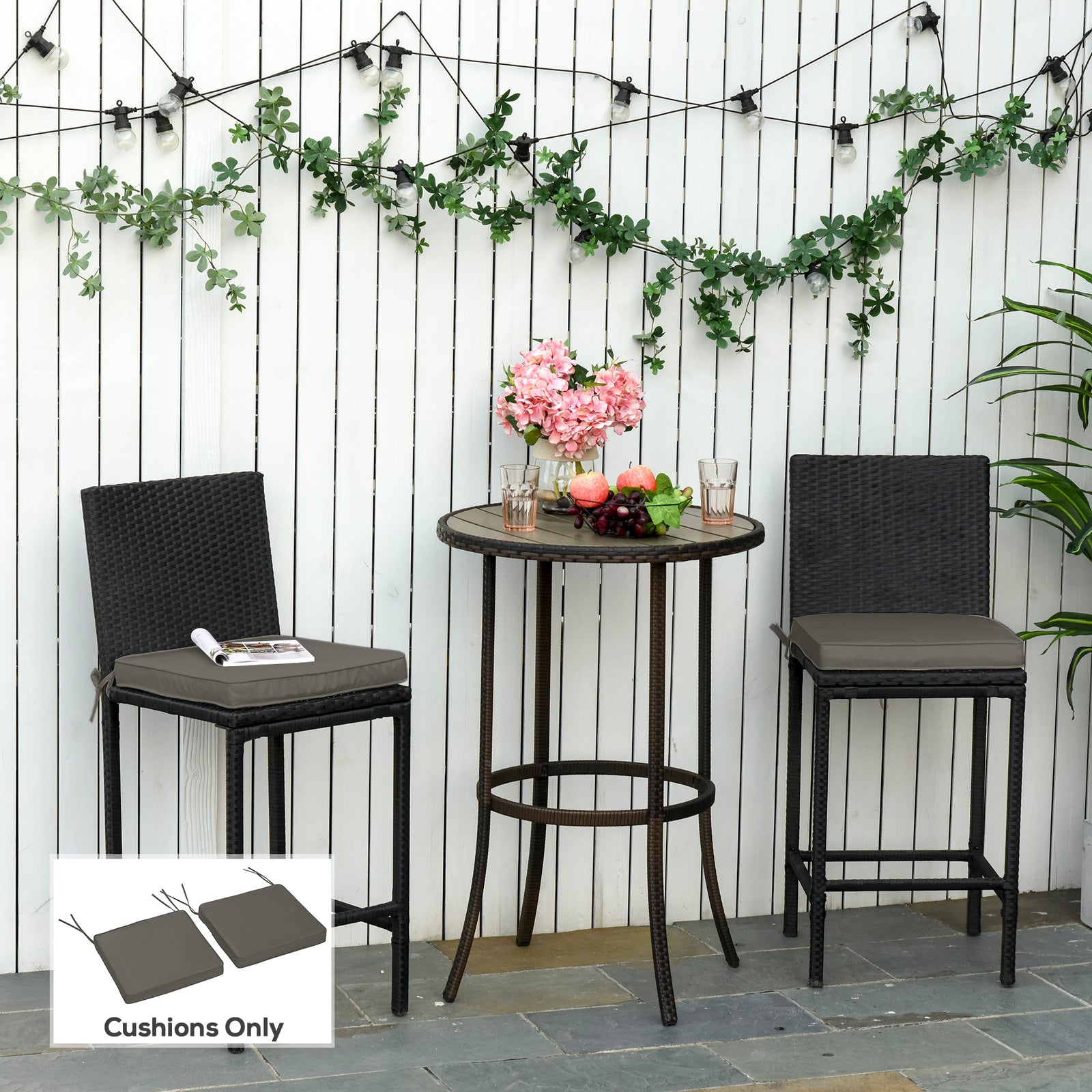 Set of 2 Garden Chair Cushions with Ties, 45 x 45 cm Replacement Cushions for Outdoor Furniture, Dark Grey