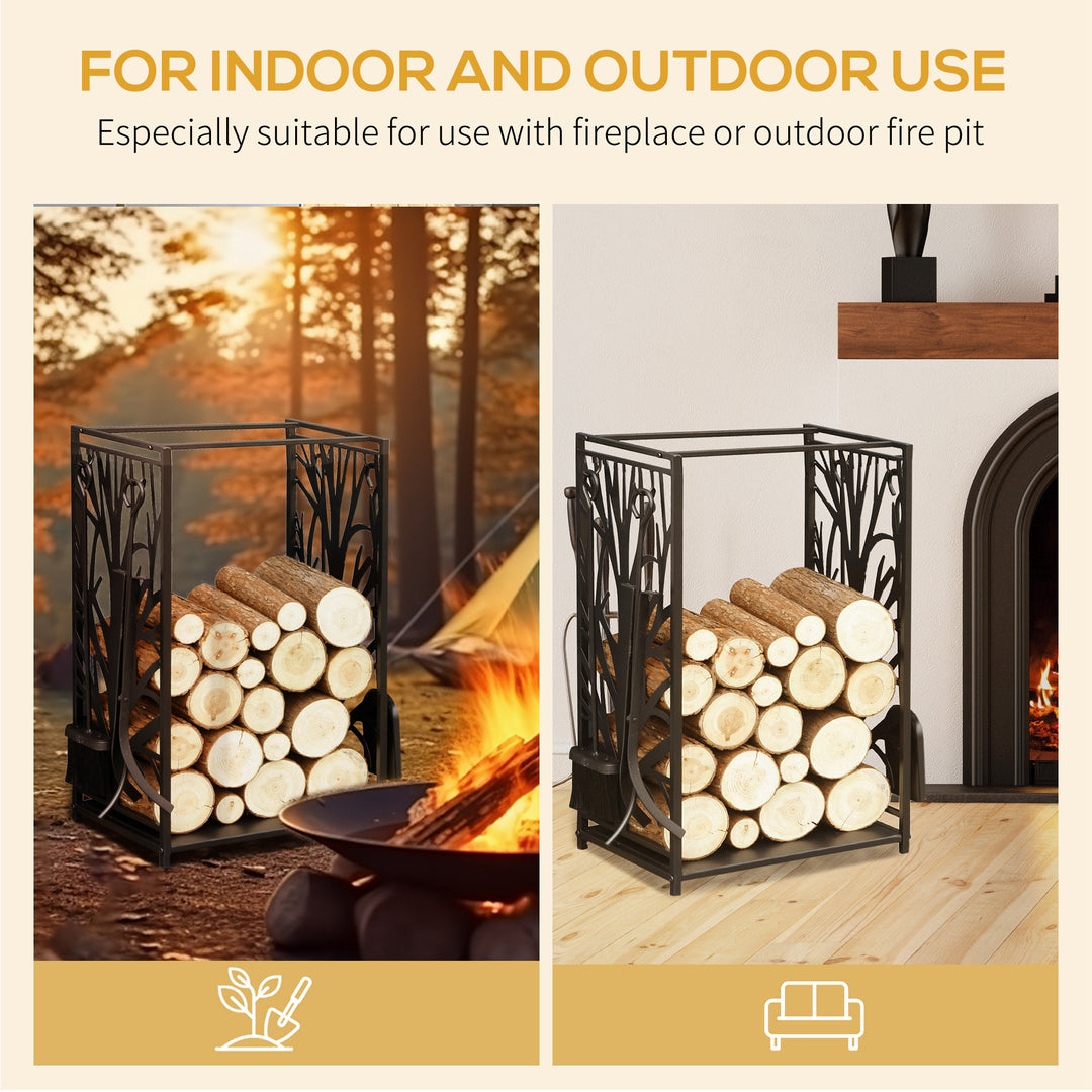 Steel Firewood Log Holder Indoor Outdoor Firewood Rack Fireplace Wood Storage Shelf with 4 Tools, Hooks, Tree Pattern Design, Rust-Resistant, Black, 46W x 30D x 70H cm