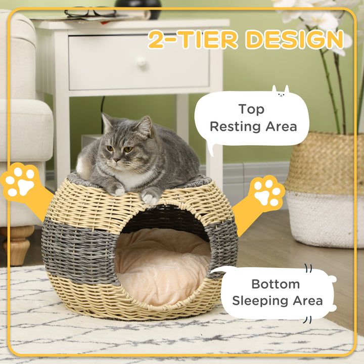 PawHut Wicker Cat Bed, Rattan Raised Cosy Kitten Cave, with Soft Washable Cushion, 妗?0 x 30cm | Aosom UK