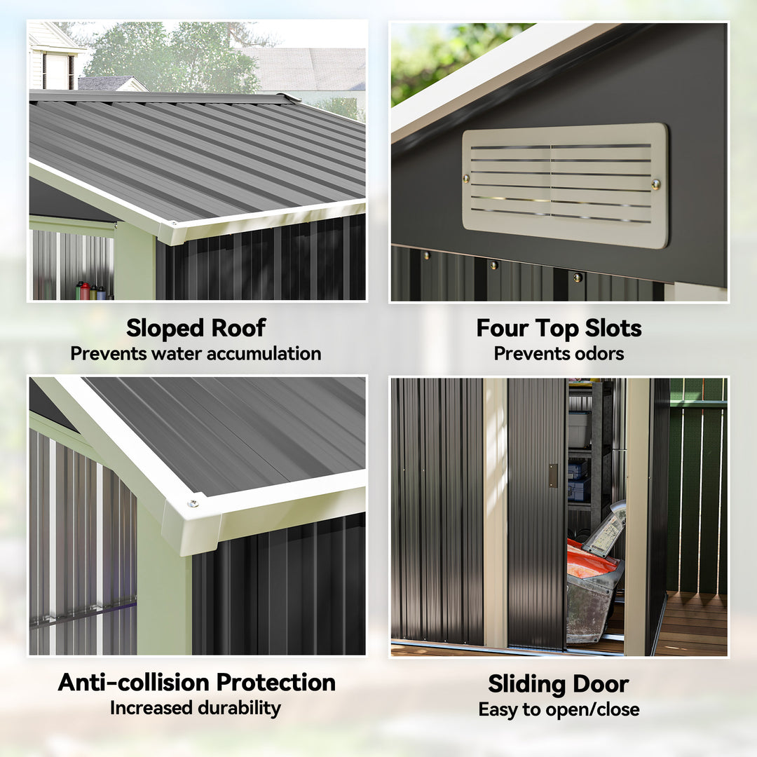 Garden Metal Tool Storage Shed with Sliding Door, Sloped Roof and Foundation Kit, 152 x 132 x 188cm, Grey