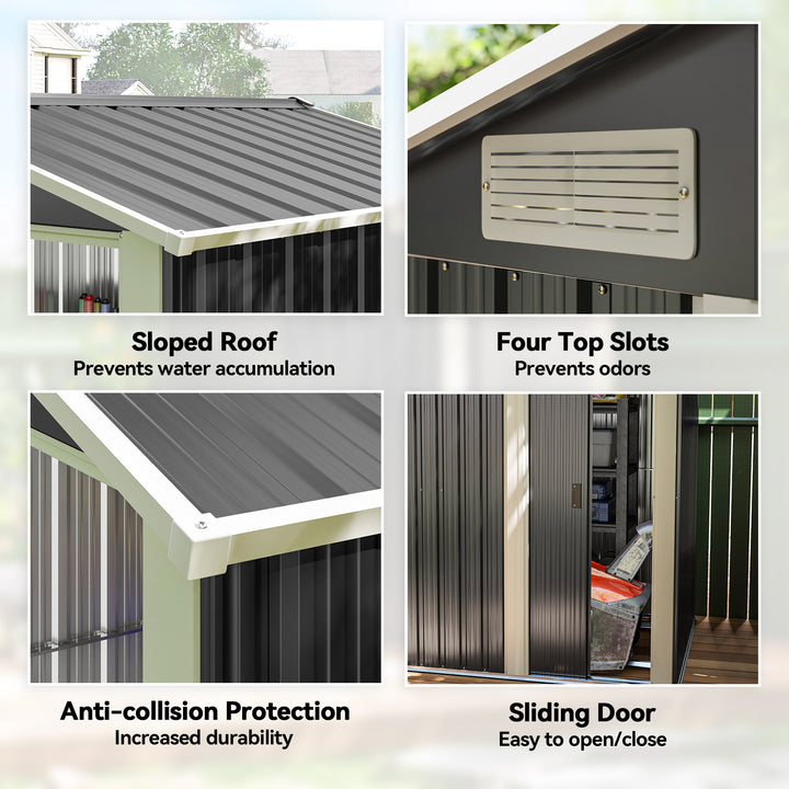 Garden Metal Tool Storage Shed with Sliding Door, Sloped Roof and Foundation Kit, 152 x 132 x 188cm, Grey