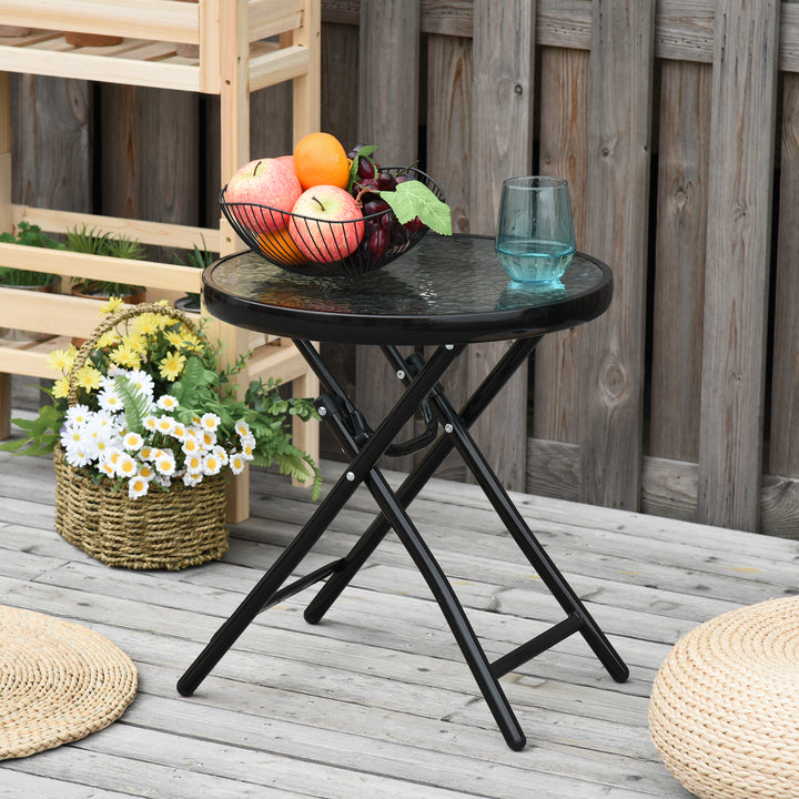MCL Foldable Garden Table, Round Folding Table with Glass Tabletop and Safety Buckle for Patio, Garden, Outdoor, Indoor, Black