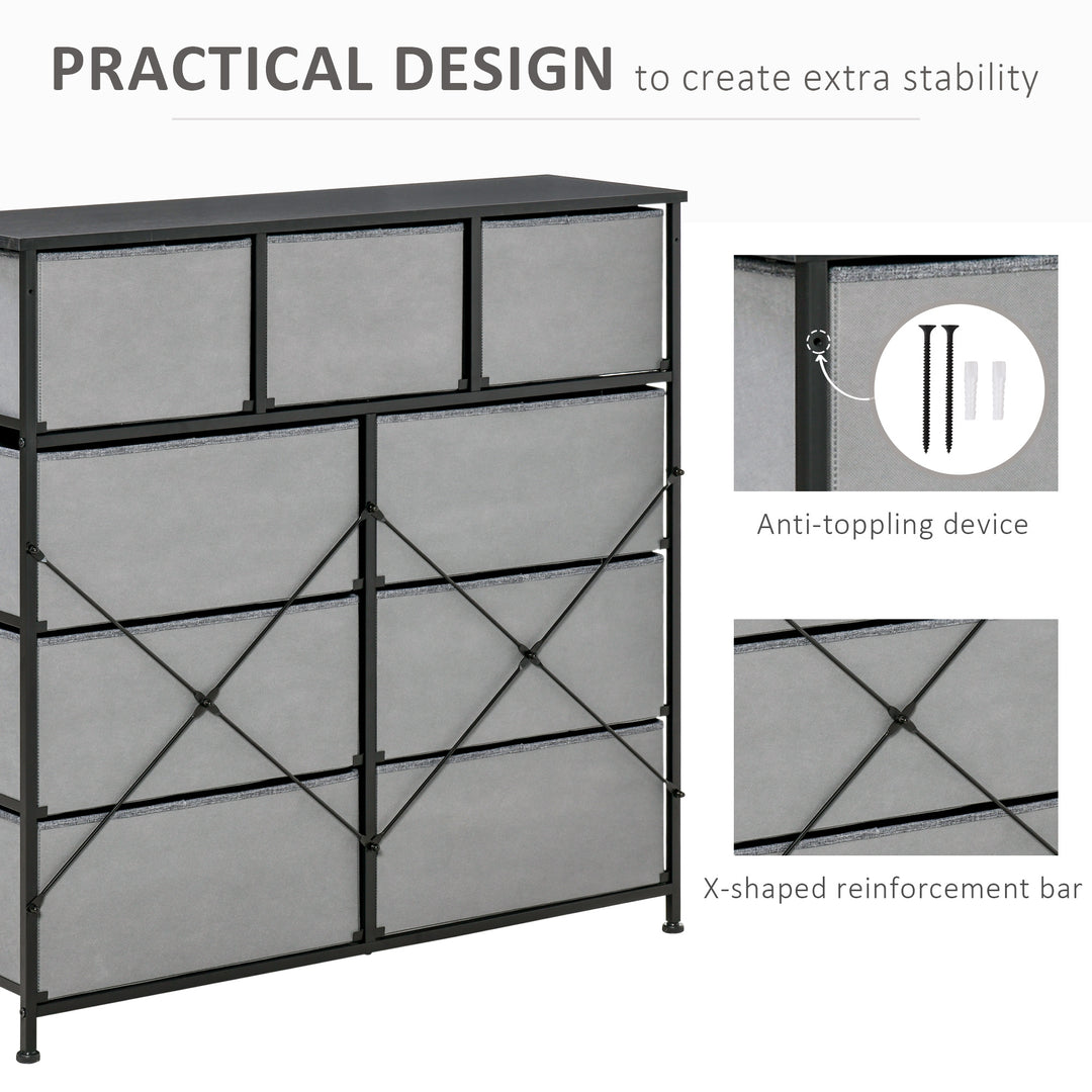 Nine Drawer Fabric Dresser - Grey
