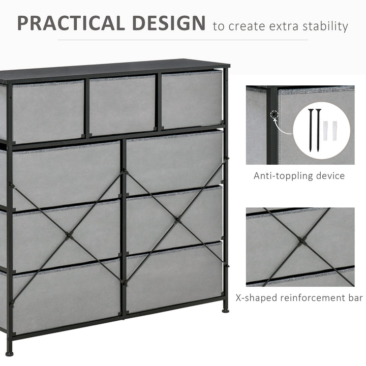 Nine Drawer Fabric Dresser - Grey
