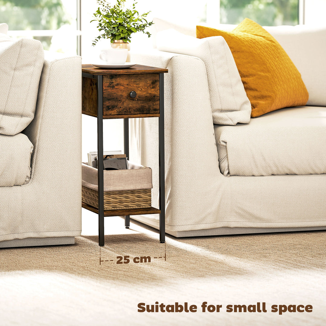 Narrow Side Table with Drawer and Storage Shelf - Rustic Brown