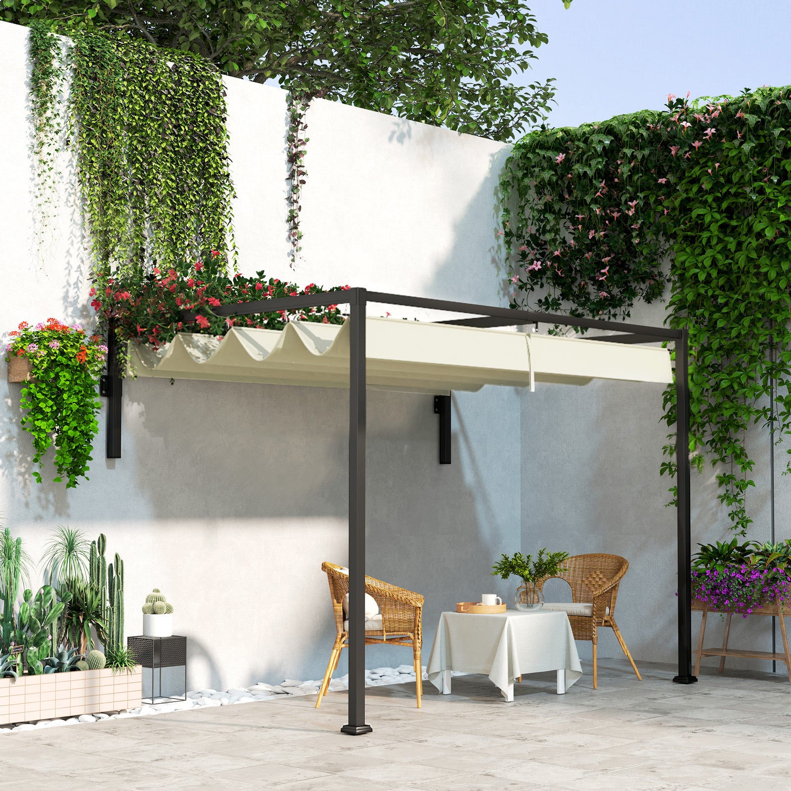 2 x 3(m) Lean To Steel Pergola, with Moving Fabric Canopy - Khaki