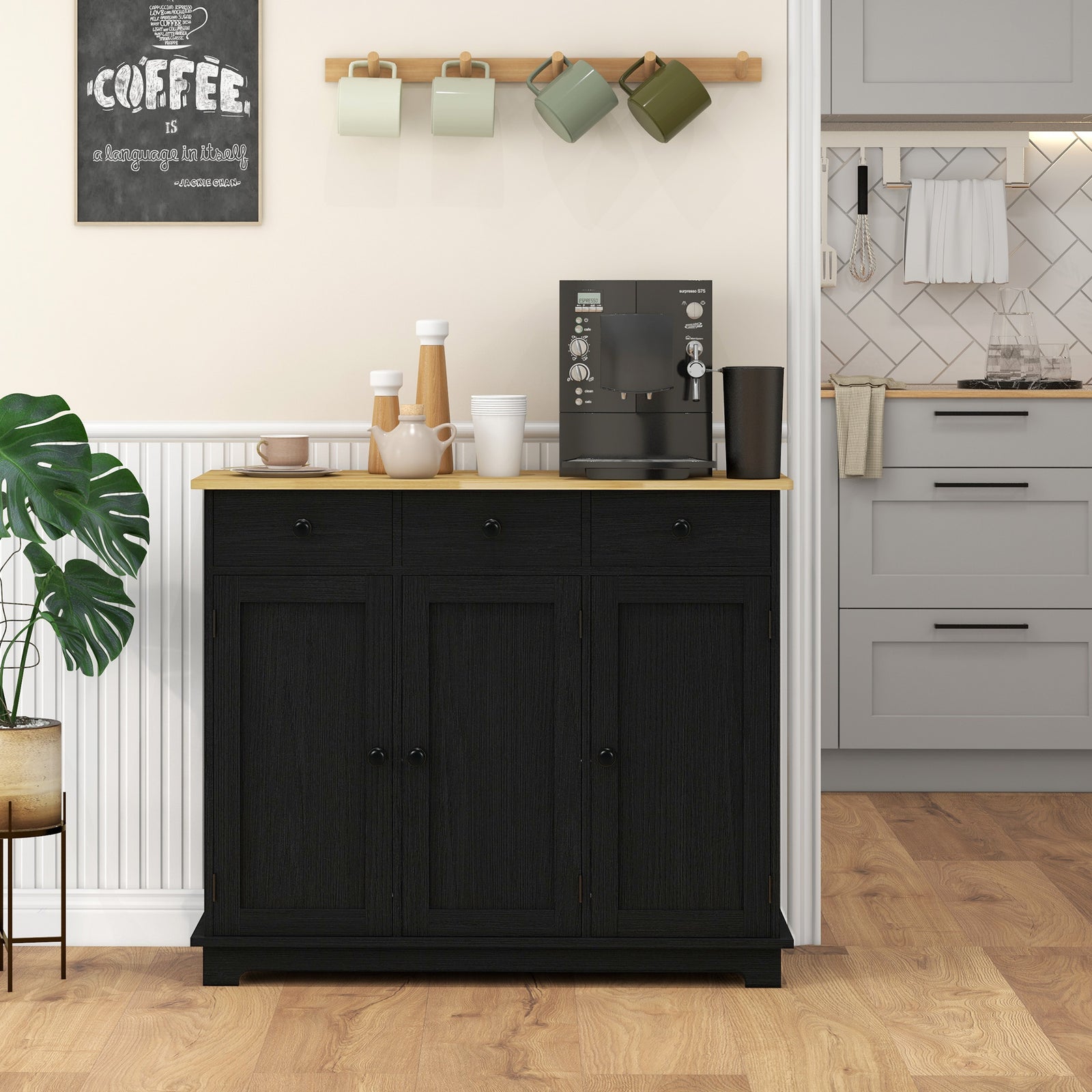 Sideboard with Rubberwood Top and Adjustable Shelves for Dining Room, Kitchen - Black Wood-Effect