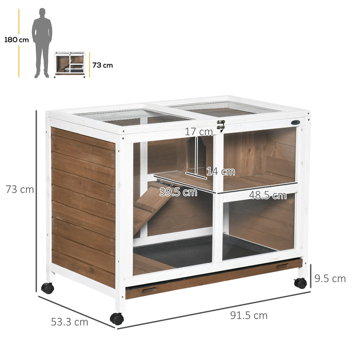 Wooden Rabbit Hutch, Bunny Cage w/ Tray, Ramp, Openable Roof, Wheels, 91.5 x 53.3 x 73cm - Brown