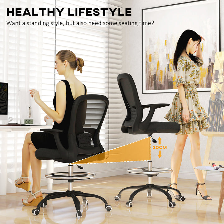 Draughtsman Chair, Mesh Drafting Chair, Ergonomic Office Chair with Flip-up Armrest, Adjustable Foot Ring, Black
