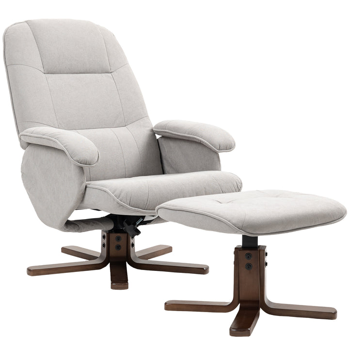Linen Swivel Recliner Chair with Footstool, Upholstered Reclining Armchair with Wooden Base for Living Room, Light Grey