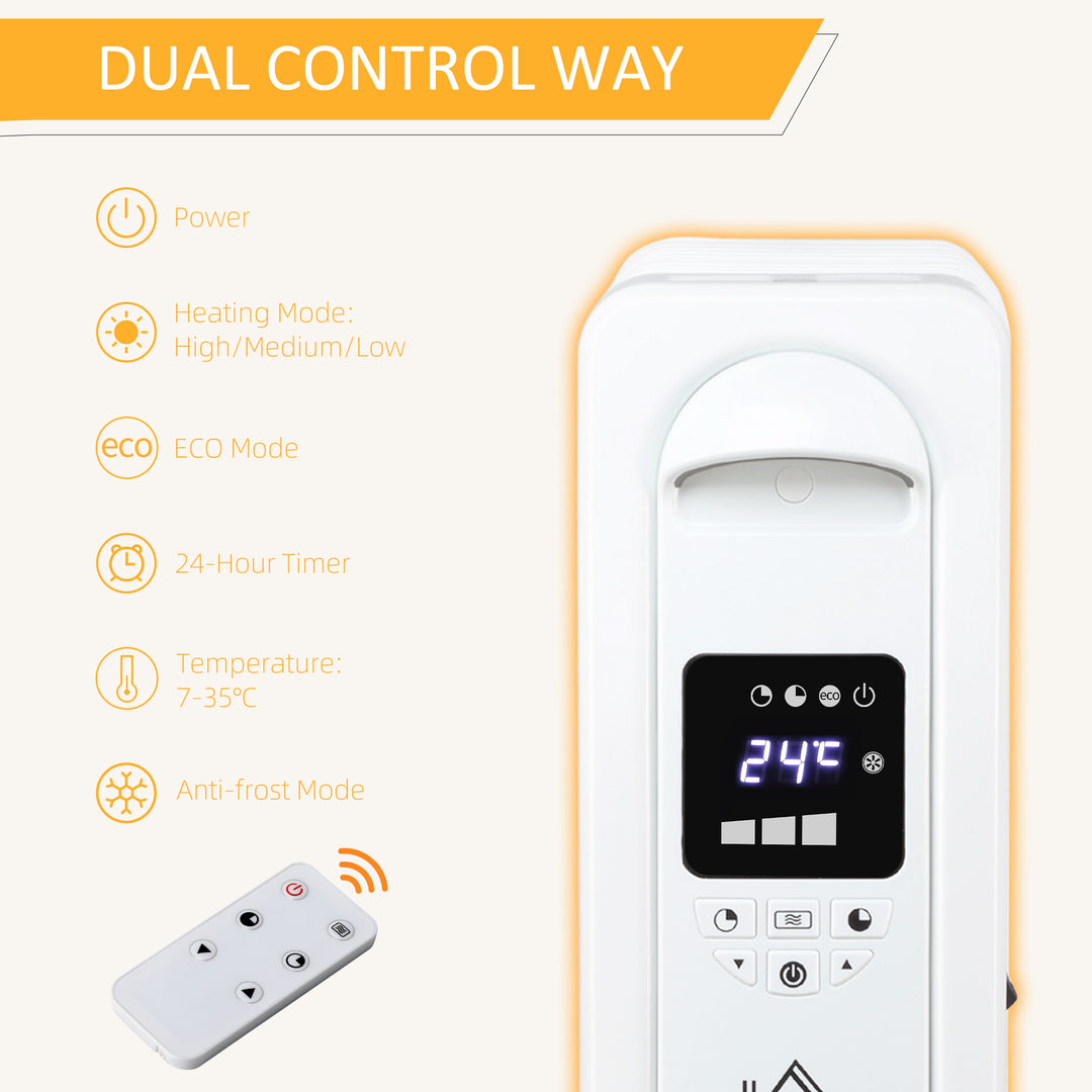 2000W Digital Oil Filled Radiator, 9 Fin, Portable Electric Heater with LED Display, Timer, 3 Heat Settings, Safety Cut-Off and Remote Control, White