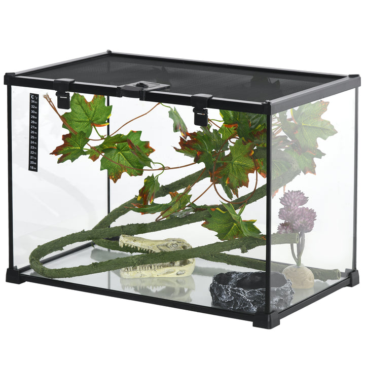 PawHut Glass Reptile Terrarium with Decor Kit, Breeding Tank with Thermometer for Small Animals, 50 x 30 x 35cm, Heated, Black | Aosom UK