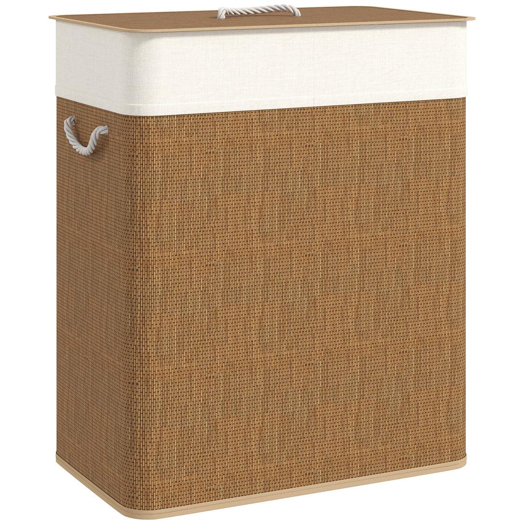 Double Laundry Basket with Lid, 100L Bamboo Laundry Hamper with Rope Handles, Washing Basket with Removable Liner for Bathroom, Bedroom, Brown