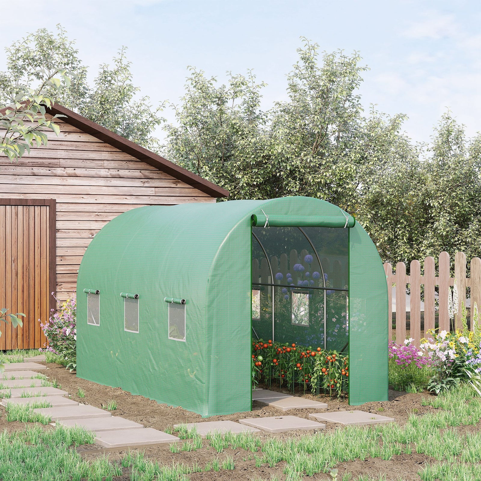3.5 x 2m Walk-In Polytunnel Greenhouse, with Steel Frame, PE Cover, Roll-Up Door and 6 Windows, Green