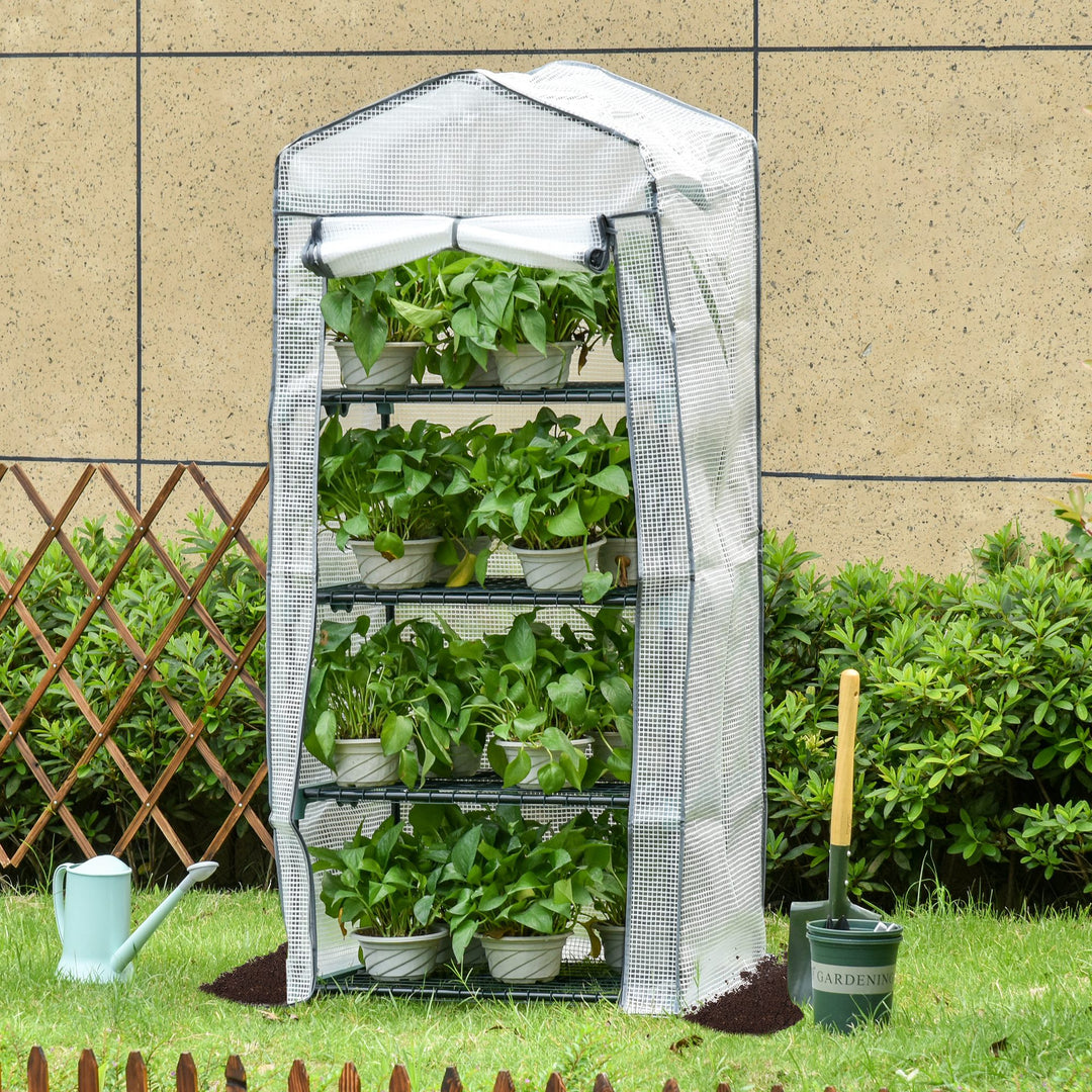 Outsunny Portable Mini Greenhouse, 4 Tier, Metal Frame with PE Cover, Plant Grow Shed, 160H x 70L x 50W cm, White. | Aosom UK