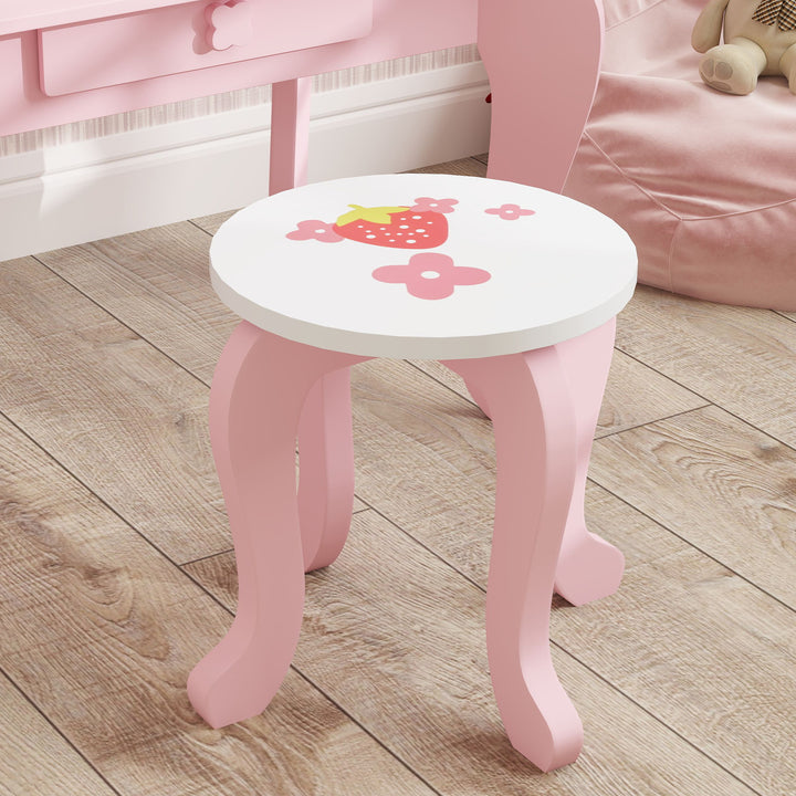 AIYAPLAY Kids Dressing Table Set, Vanity Table with Stool, Mirror, Drawer, Desktop, Storage, Strawberry-Theme, Pink