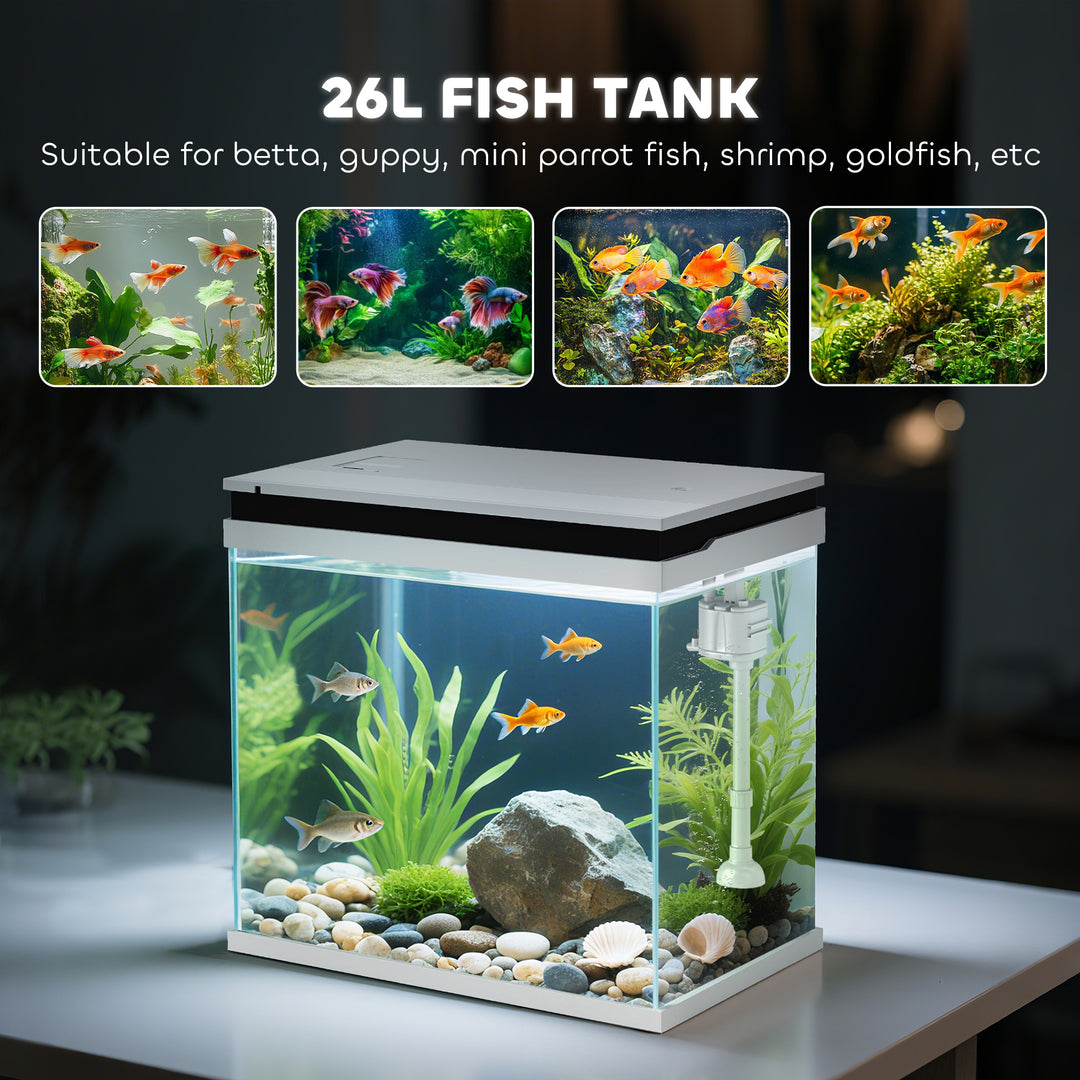 26L Glass Fish Tank With Filter System, LED Lights, Water Pump, White